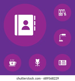 Set Of 6 Bureau Icons Set.Collection Of Coffee, Table Lighter, Office Chair And Other Elements.