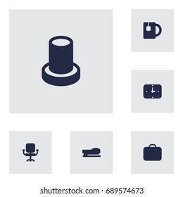 Set Of 6 Bureau Icons Set.Collection Of Airchair, Cup, Time And Other Elements.