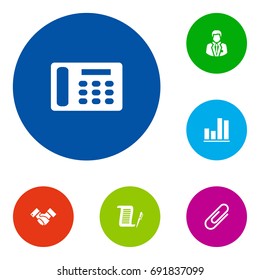 Set Of 6 Bureau Icons Set.Collection Of Clip, Telephone, Handshake Elements.