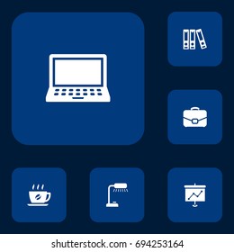 Set Of 6 Bureau Icons Set.Collection Of Presentation, Laptop, Coffee And Other Elements.