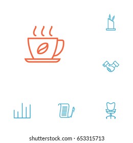 Set Of 6 Bureau Outline Icons Set.Collection Of Chart, Hot Drink, Pen Storage And Other Elements.