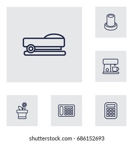 Set Of 6 Bureau Outline Icons Set.Collection Of Telephone, Staple, Flowerpot And Other Elements.