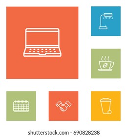 Set Of 6 Bureau Outline Icons Set.Collection Of Hot Drink, Notebook, Recycle Bin And Other Elements.