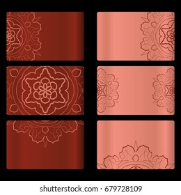 set of 6 business card with abstract floral mandala design. oriental floral pattern. vector illustration. hand drawn kaleidoscope background. red brick color