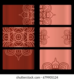 set of 6 business card with abstract floral mandala design. oriental floral pattern. vector illustration. hand drawn kaleidoscope background. red brick color