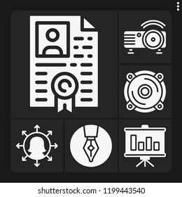 Set of 6 business filled icons such as speaker, projector, manager, bar chart, resume