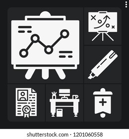 Set of 6 business filled icons such as banner, marker, strategy, resume, desk