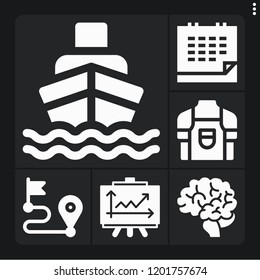 Set of 6 business filled icons such as brain, line chart, calendar, route, ship