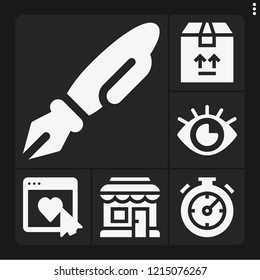Set of 6 business filled icons such as stopwatch, package, rating, eye, shopping store