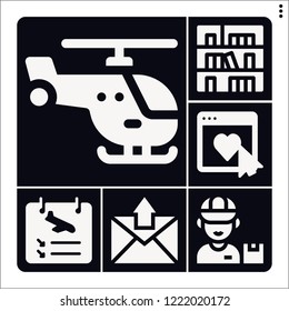 Set of 6 business filled icons such as postman, helicopter, rating, arrivals, bookshelf