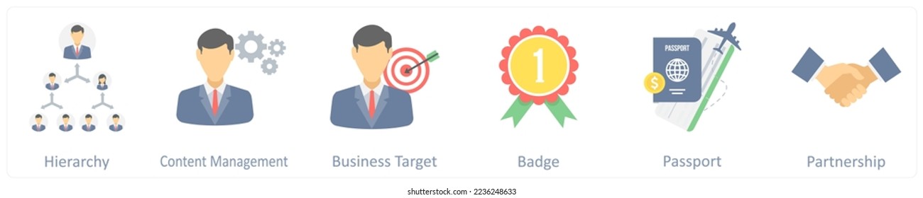 A set of 6 business flat icons such as hierarchy, content management