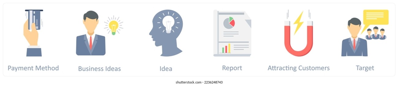 A set of 6 business flat icons such as payment method, business ideas