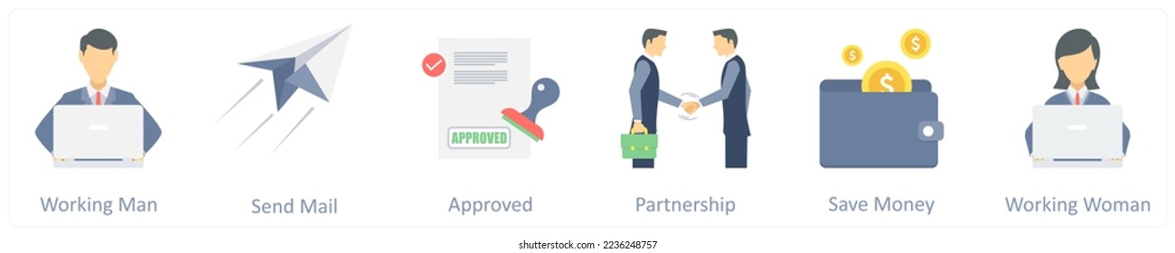 A set of 6 business flat icons such as working man, send mail, approved