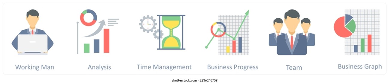 A set of 6 business flat icons such as working man, analysis