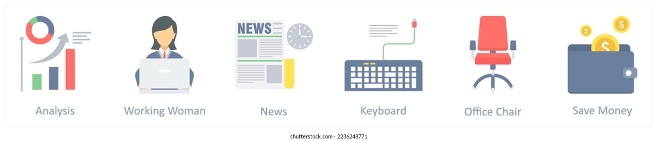 A set of 6 business flat icons such as analysis, report, chart
