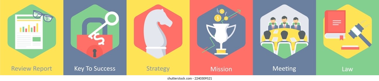 A set of 6 business icons as review report, key to success, strategy