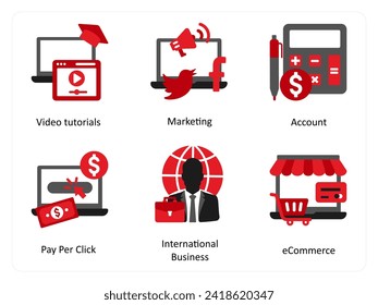A set of 6 business icons as video tutorials, marketing, account