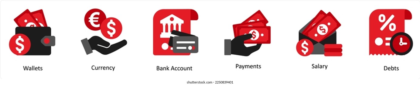 A set of 6 business icons as wallets, currecny, bank account