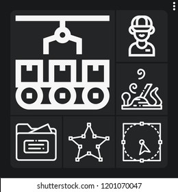 Set of 6 business outline icons such as carpentry, folder, , select, conveyor