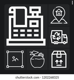 Set of 6 business outline icons such as cocktail, gps, edit, van, cash register