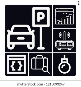 Set of 6 business outline icons such as router, luggage, lightbulb, diagram, coding