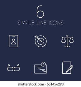 Set Of 6 Business Outline Icons Set.Collection Of Target, Paper, Scales And Other Elements.