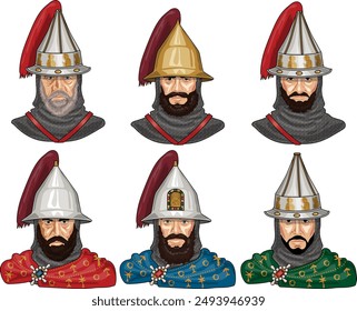 Set of 6 busts of Early Medieval Byzantian Lords, Knights or Crusaders in Chain Mail with Helmets with Plumes, Isolated on White Background, EPS 10 Vector