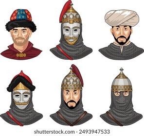 Set of 6 busts of Early Medieval Turkic or Near Eastern Lords and Warriors in Chain Mail with Helmets and Turbans, Isolated on White Background, EPS 10 Vector