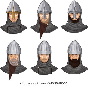 Set of 6 busts of Early Medieval European or Norman Lords, Knights or Crusaders in Chain Mail with Helmets, Isolated on White Background, EPS 10 Vector