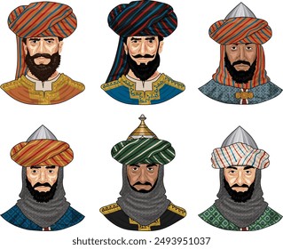 Conjunto de 6 bustos de Señores y Guerreros Árabes Medievales Tempranos o Cercanos al Oriente en Cadena de Correo con Cascos y Turbantes, Aislados sobre Fondo Blanco, EPS 10 Vector