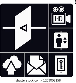Set of 6 button filled icons such as video camera, exit, elevator, upload, phone