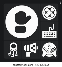 Set of 6 button filled icons such as keys, gamepad, button, keyboard