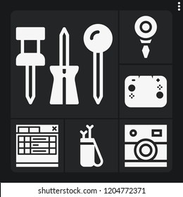 Set of 6 button filled icons such as arrow, tabs, push pin, nintendo switch, camera