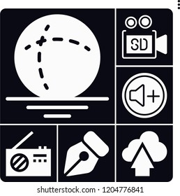 Set of 6 button filled icons such as volume, video camera, sphere, pen, upload