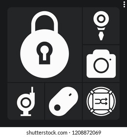 Set of 6 button filled icons such as shuffle, mouse, camera, lock, threader