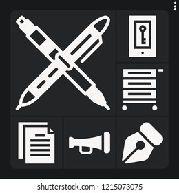 Set of 6 button filled icons such as trumpet, pen, checking, cart