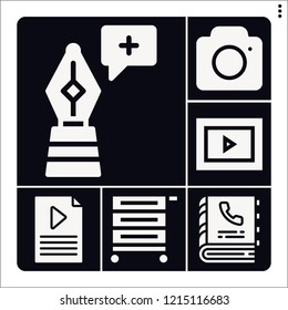 Set of 6 button filled icons such as playlist, phonebook, pen, camera, cart