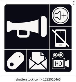 Set of 6 button filled icons such as trumpet, volume, video camera, no phone, mouse