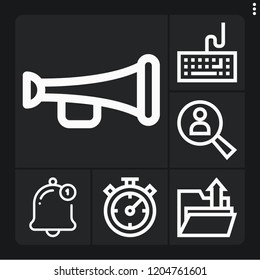 Set of 6 button outline icons such as notification, trumpet, stopwatch, upload, keyboard