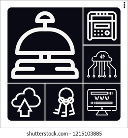 Set of 6 button outline icons such as keys, radio, upload, hotel bell, share
