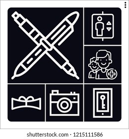 Set of 6 button outline icons such as pen, elevator, scroll, camera, phone