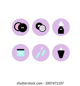 Set of 6 button style cosmetic products including perfume, lipstick, blush, lotion, powder and cream. Good for stickers, patches, web elements, etc.