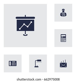 Set Of 6 Cabinet Icons Set.Collection Of Calculator, Table Lighter, Manager And Other Elements.