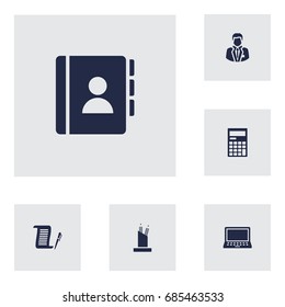 Set Of 6 Cabinet Icons Set.Collection Of Address Book, Contract, Calculator And Other Elements.