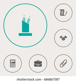 Set Of 6 Cabinet Icons Set.Collection Of Clip, Diplomat, Contract And Other Elements.