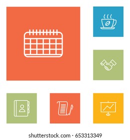 Set Of 6 Cabinet Outline Icons Set.Collection Of Agreement, Telephone Directory, Date And Other Elements.