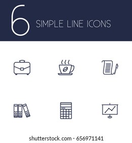 Set Of 6 Cabinet Outline Icons Set.Collection Of Document Case, Hot Drink, Agreement And Other Elements.