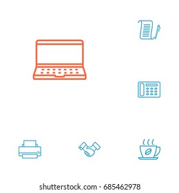 Set Of 6 Cabinet Outline Icons Set.Collection Of Partnership, Printing Machine, Notebook And Other Elements.