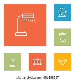 Set Of 6 Cabinet Outline Icons Set.Collection Of Recycle Bin, Reading-Lamp, Pen Storage And Other Elements.