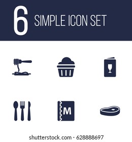 Set Of 6 Cafe Icons Set.Collection Of Book, Silverware, Alcohol And Other Elements.